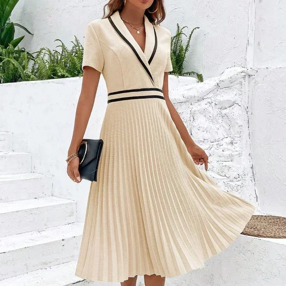 preppy Womens Contrast Binding Pleated Hem Dress - Picture 4 of 5